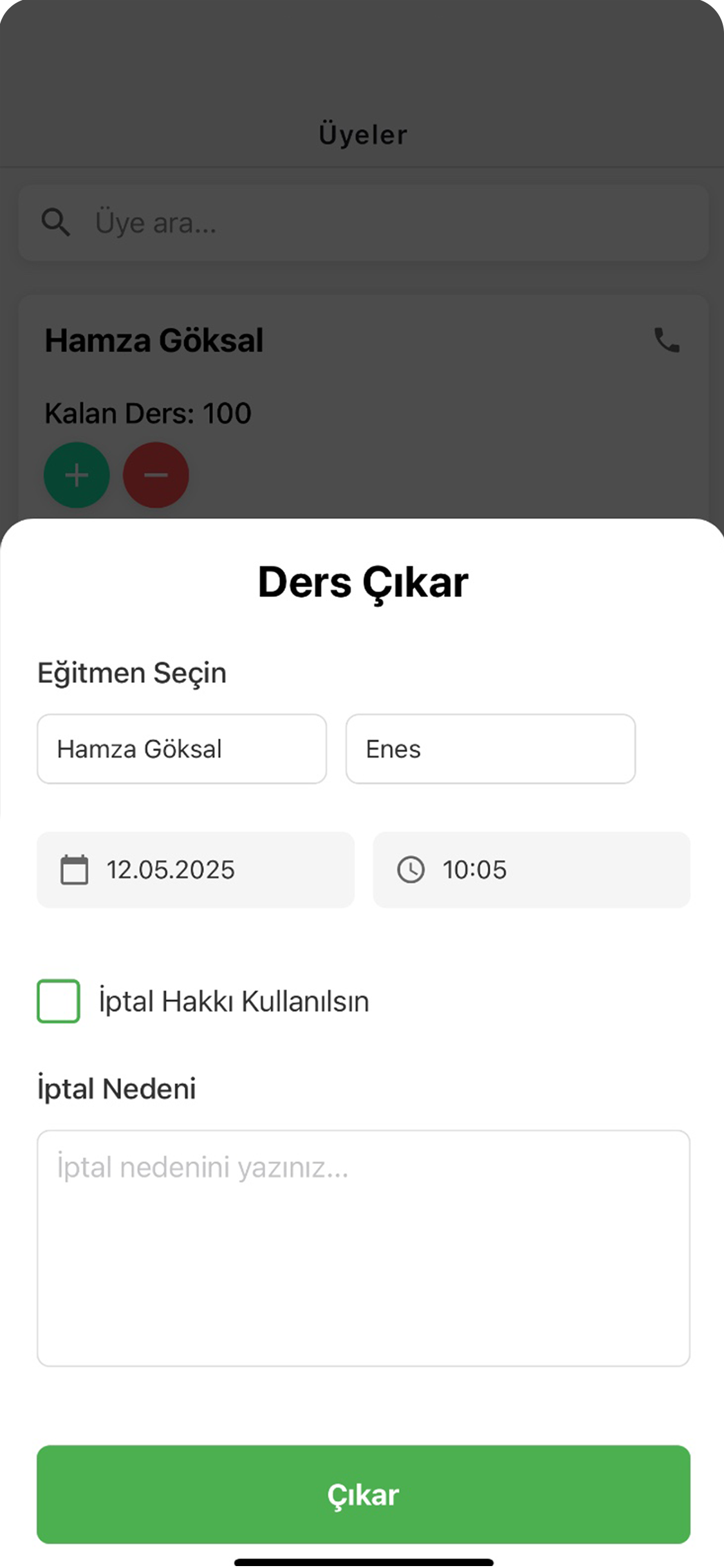 Ders Çıkarma Ekranı